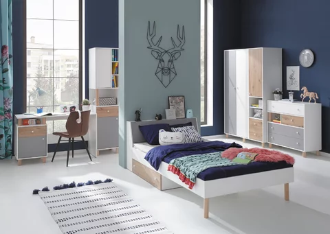 Detská posteľ s úložným priestorom FR15 L/P (bez matraca) biela/dub artisan/šedá 229x124x81