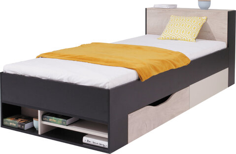 Detská posteľ s úložným priestorom PL14 L/P (bez matraca) čierna/dub/béžová 224x94x77