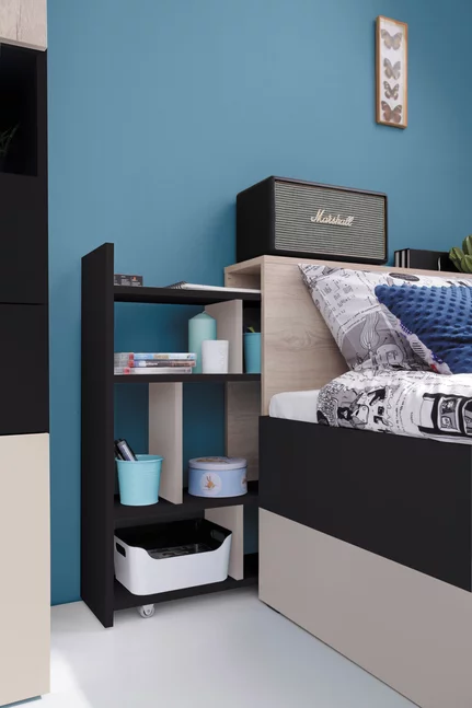 Detská posteľ s úložným priestorom PL14 L/P (bez matraca) čierna/dub/béžová 224x94x77