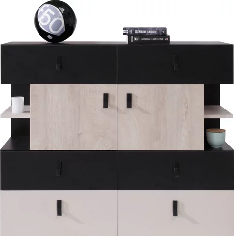 Komoda PL08 čierna/dub/béžová 110x40x90