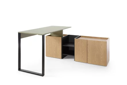 Písací stôl SE08 L/P eukalyptus/dub baltský/čierny onyx 145x135x74,5