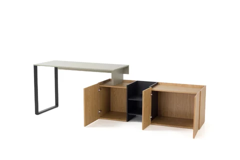 Písací stôl SE08 L/P eukalyptus/dub baltský/čierny onyx 248,5x56x74,5