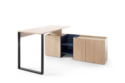 Písací stôl SE08 L/P pieskovo béžová/dub olejovaný/kráľovská modrá 145x135x74,5