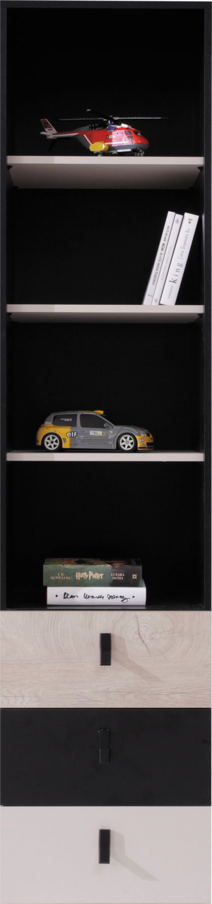 Regál PL06 čierna/dub/béžová 45x40x190