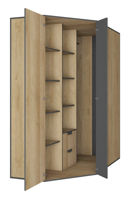 Rohová šatníková skriňa NN01 L/P grafit/dub riviera 145x95x195