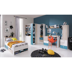 Rohová šatníková skriňa PL01 L/P biela/dub/morská 135x135x190