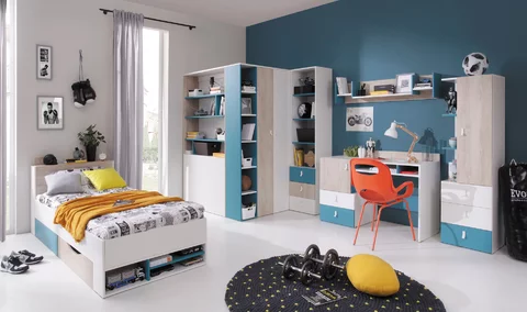 Rohová šatníková skriňa PL01 L/P biela/dub/morská 135x135x190