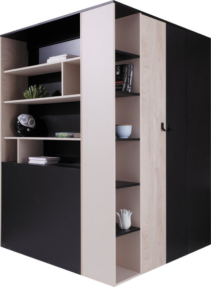 Rohová šatníková skriňa PL01 L/P čierna/dub/béžová 135x135x190