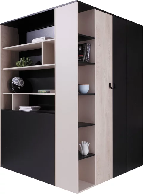 Rohová šatníková skriňa PL01 L/P čierna/dub/béžová 135x135x190