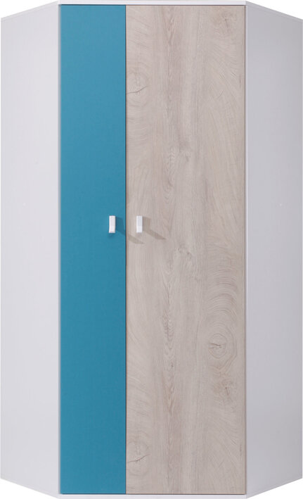Rohová šatníková skriňa PL02 L/P biela/dub/morská 90x90x190