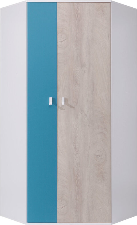 Rohová šatníková skriňa PL02 L/P biela/dub/morská 90x90x190