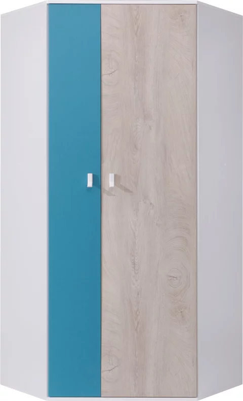 Rohová šatníková skriňa PL02 L/P biela/dub/morská 90x90x190