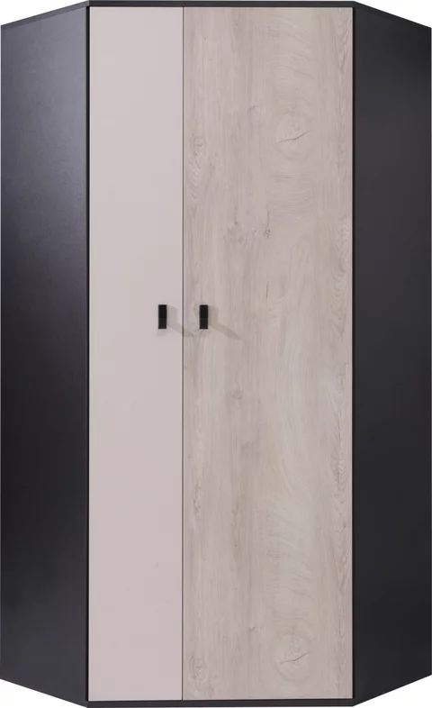 Rohová šatníková skriňa PL02 L/P čierna/dub/béžová 90x90x190