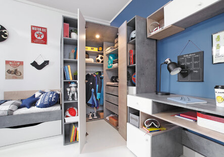 Rohová šatníková skriňa Sigma 1 L/P betón/biela/dub 135x190x135