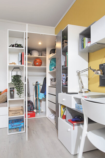 Rohová šatníková skriňa Sigma 1 L/P biela/betón 135x190x135