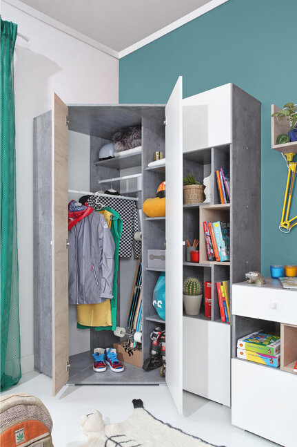 Rohová šatníková skriňa Sigma 2 L/P betón/biela/dub 90x190x90