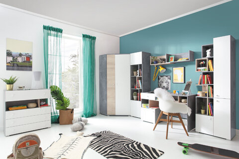 Rohová šatníková skriňa Sigma 2 L/P betón/biela/dub 90x190x90