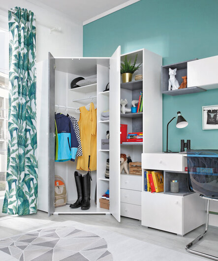 Rohová šatníková skriňa Sigma 2 L/P biela/betón 90x190x90