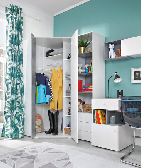 Rohová šatníková skriňa Sigma 2 L/P biela/betón 90x190x90