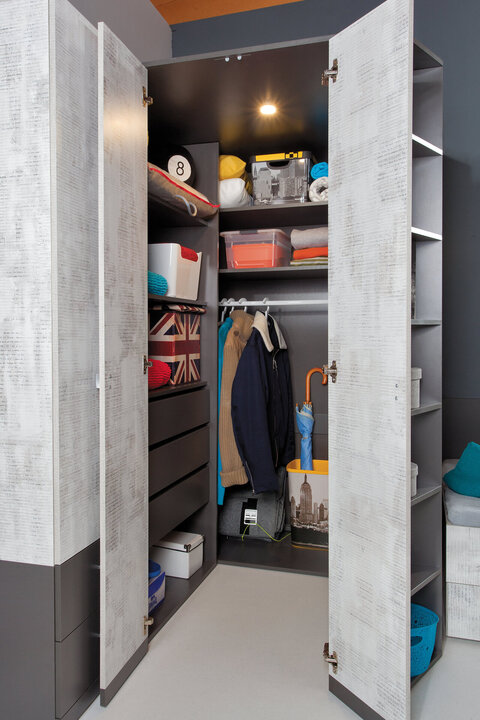 Rohová šatníková skriňa Tablo 1 L/P grafit/enigma 135x195x135