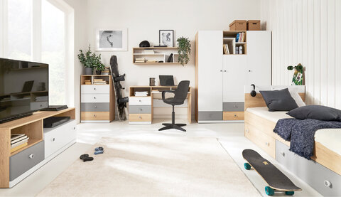 Šatníková skriňa PX01 dub sušienkový/biela/sivá 150x50x190