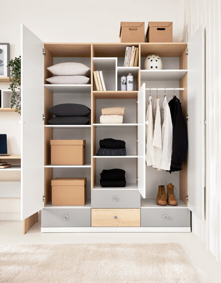 Šatníková skriňa PX01 dub sušienkový/biela/sivá 150x50x190