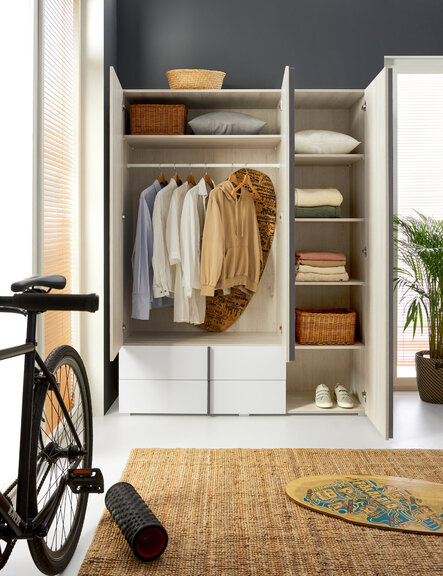 Šatníková skriňa RM01 dub wilton biely/biela/antracit 150x50x195