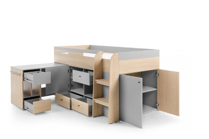 Vysoká detská posteľ/stôl/úložný priestor OR08 (bez matraca) platinovo sivá/dub sušienkový 113,5/191x204x106